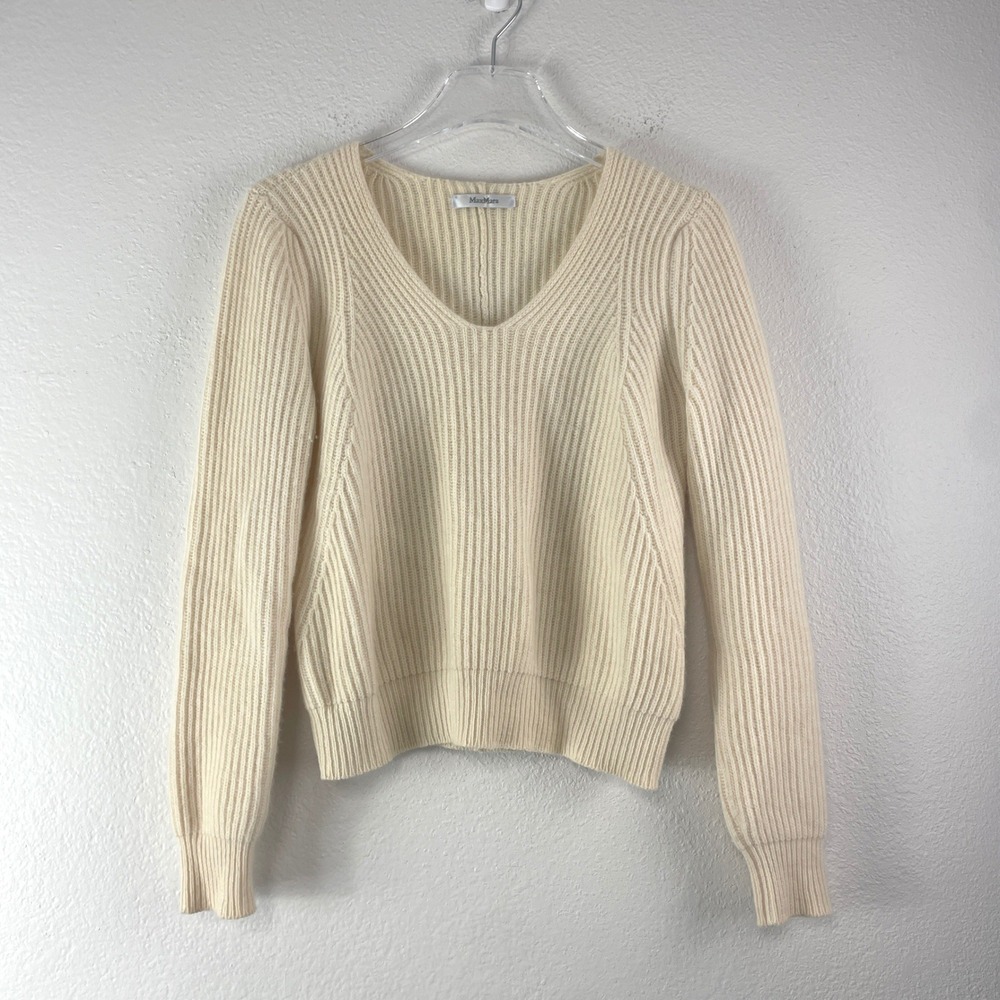 Max Mara V-Neck Ribbed Knit Sweater Size Small Cream Ivory Minimalist Luxury
